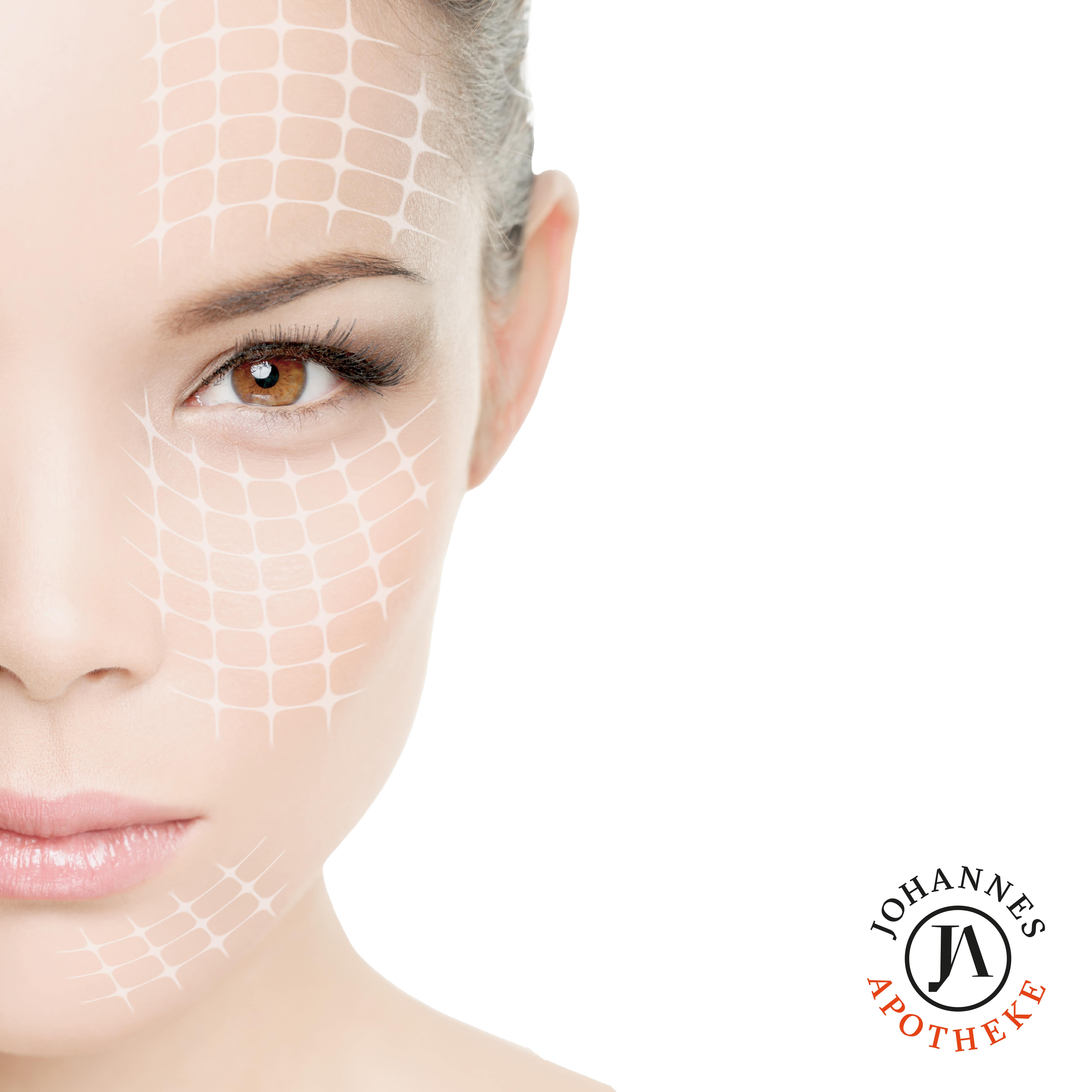 Symbolbild eines Gesichts einer Frau mit weißem Gittermuster über der Haut, daneben eine Anti-Aging-Serum der Johannes Apotheke mit Johannes-Refugiu-Logo